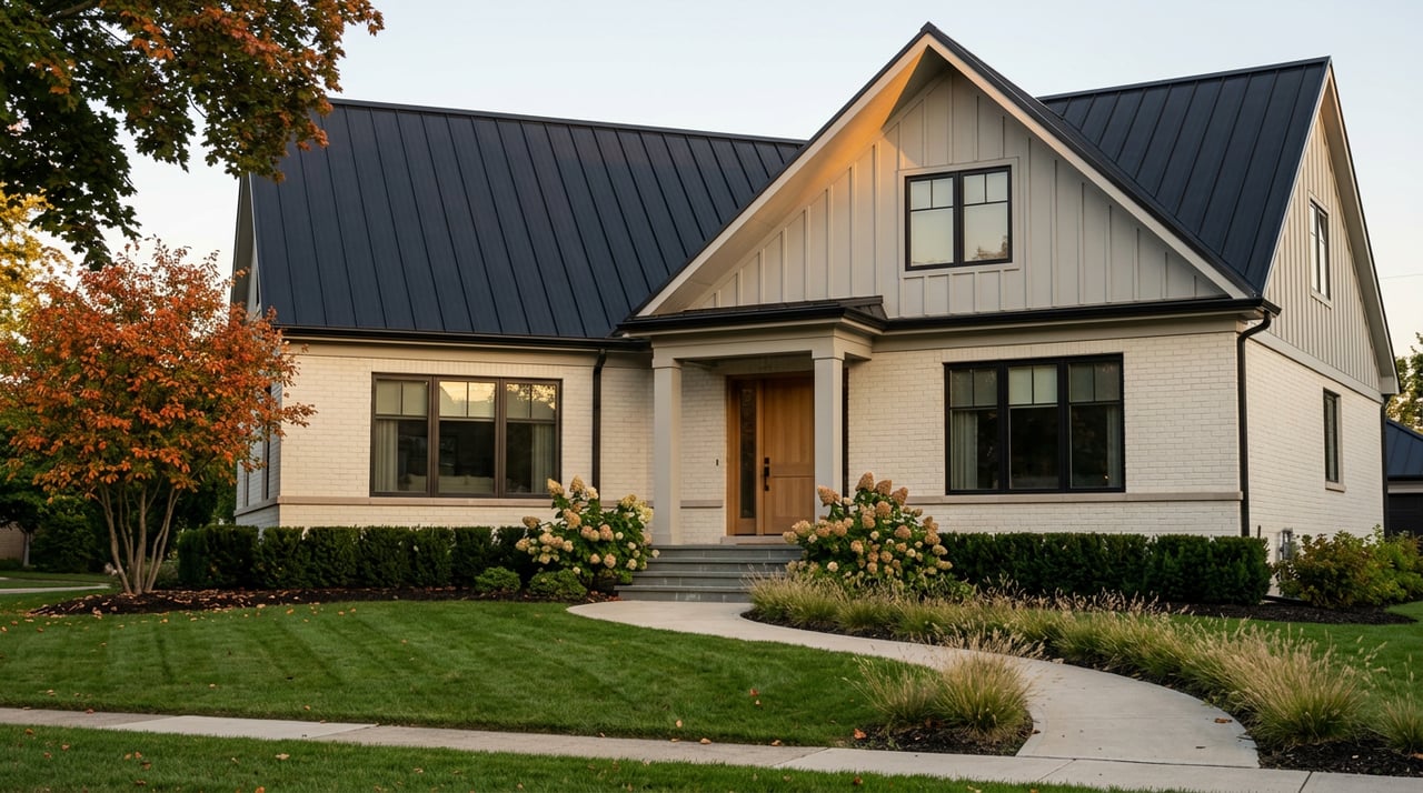 Two-story home with an off-white brick facade, gray gable, black metal roof, and curving walkway across the lawn.