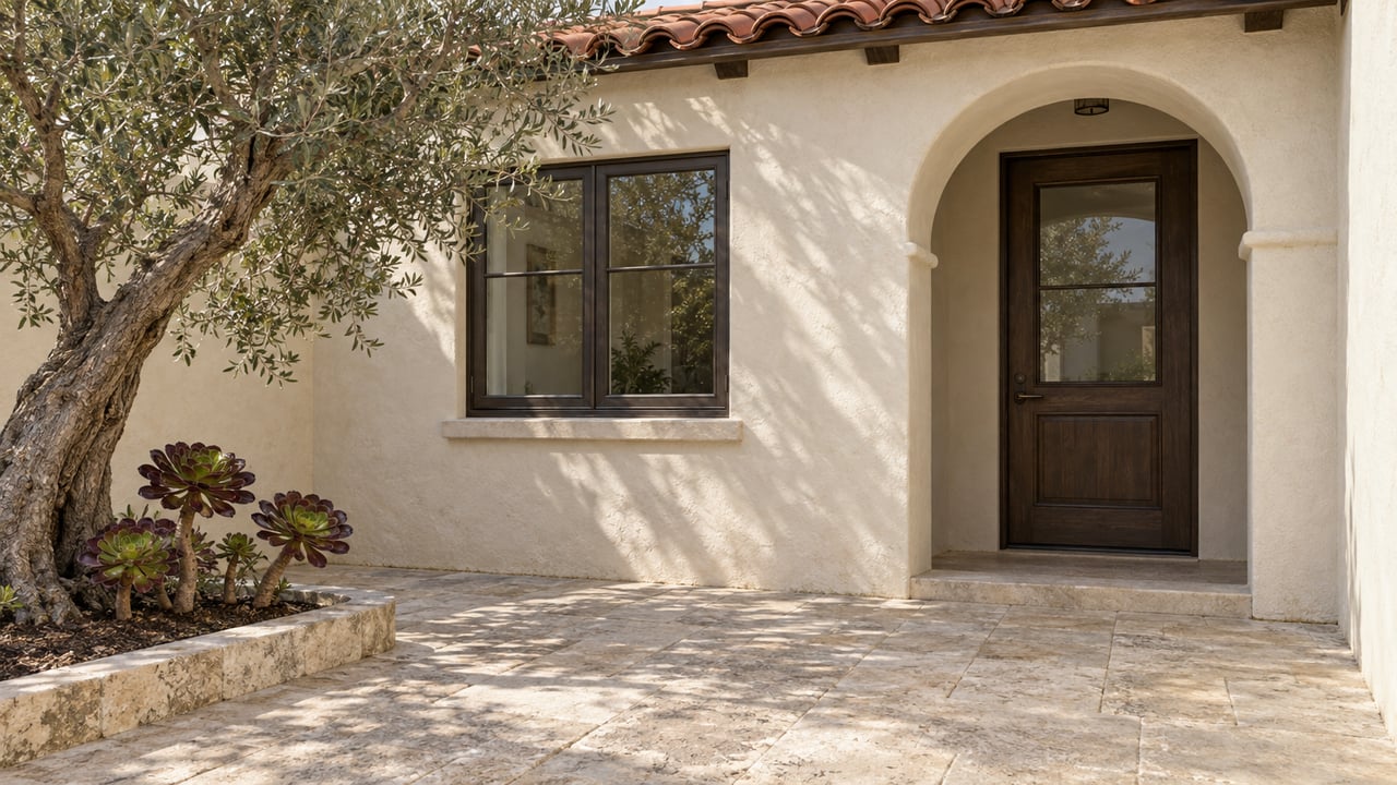 Sunlit cream-stucco home entry with a recessed arched oak door, clay-tile eave, limestone courtyard and sculptural olive tree.
