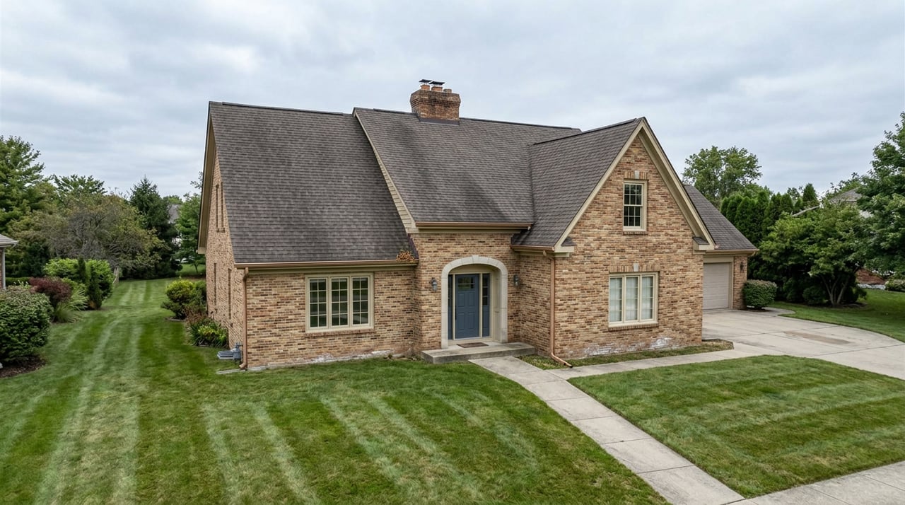 Two-story brick house with multi-gabled roof, central chimney, blue door, and striped front lawn.
