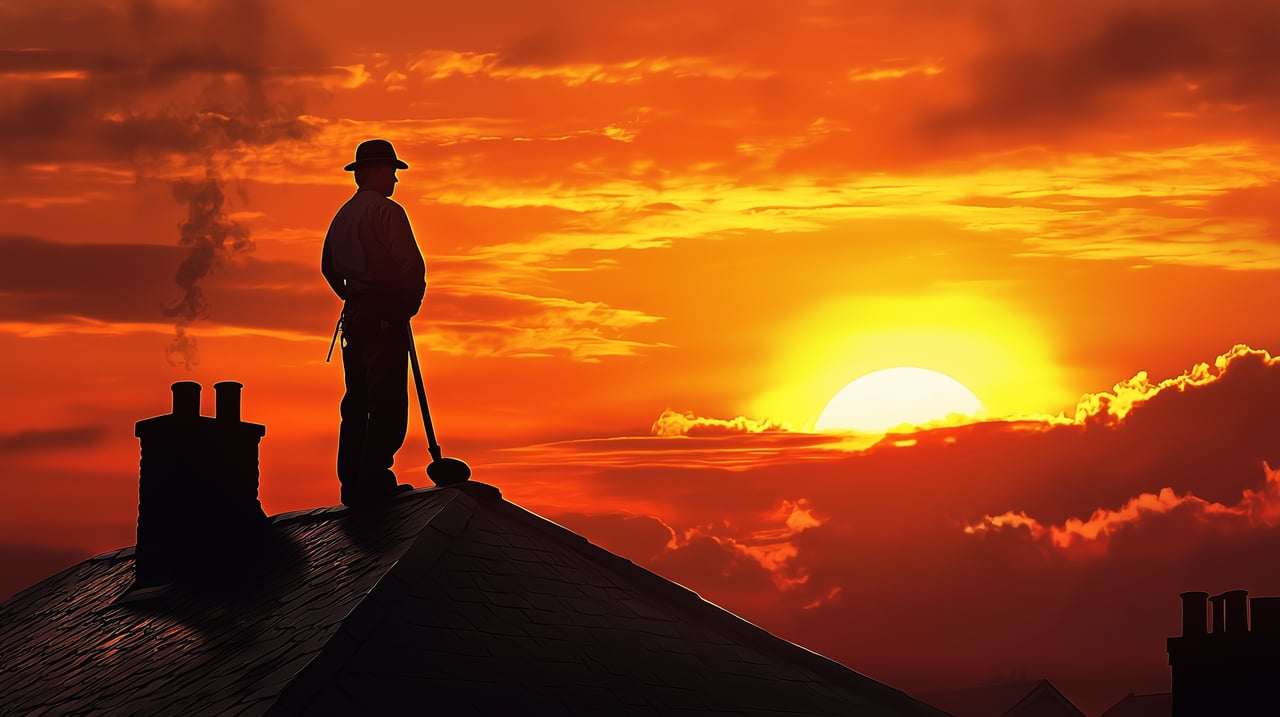 A man standing on a roof in sunset inspecting a Chimney