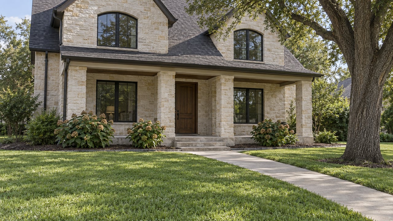 Two-story cream stone home with dark roofing, black-framed windows, a recessed wood entry, and a deep lawn beside a mature live oak.