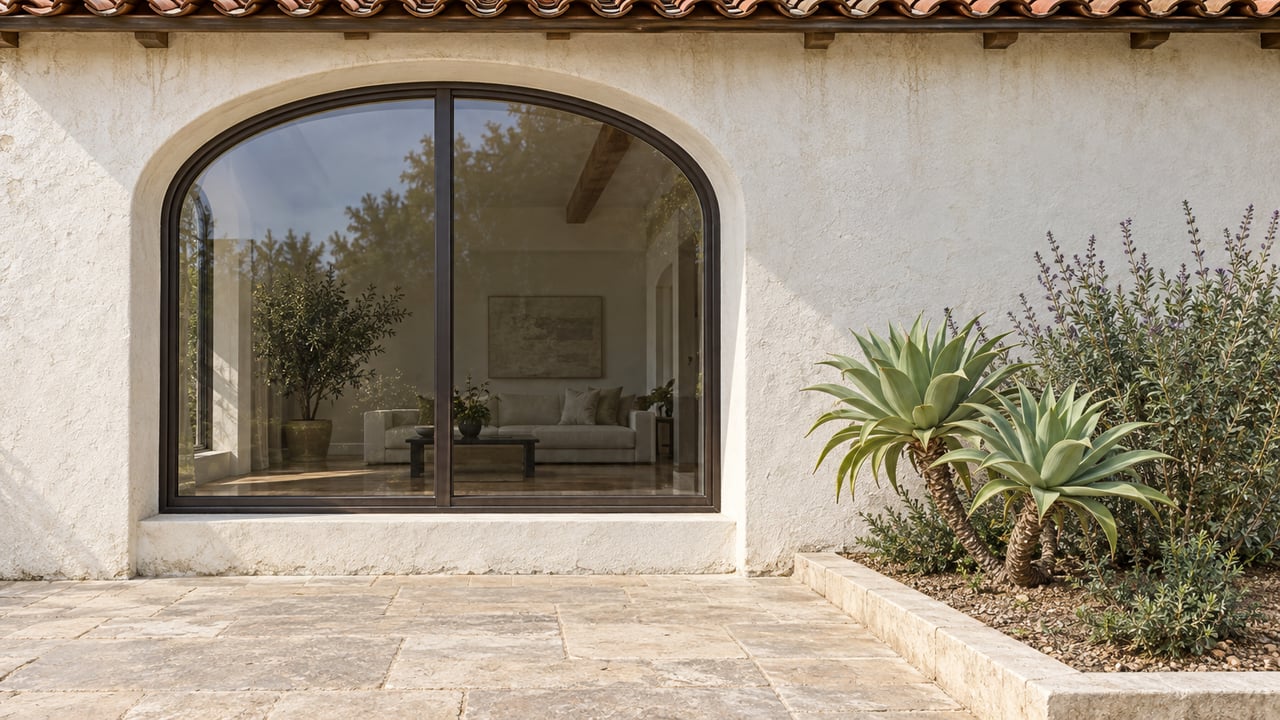 Sunlit white stucco home with an arched bronze-framed window, terracotta roof tiles, limestone paving, and sculptural aloe planting.