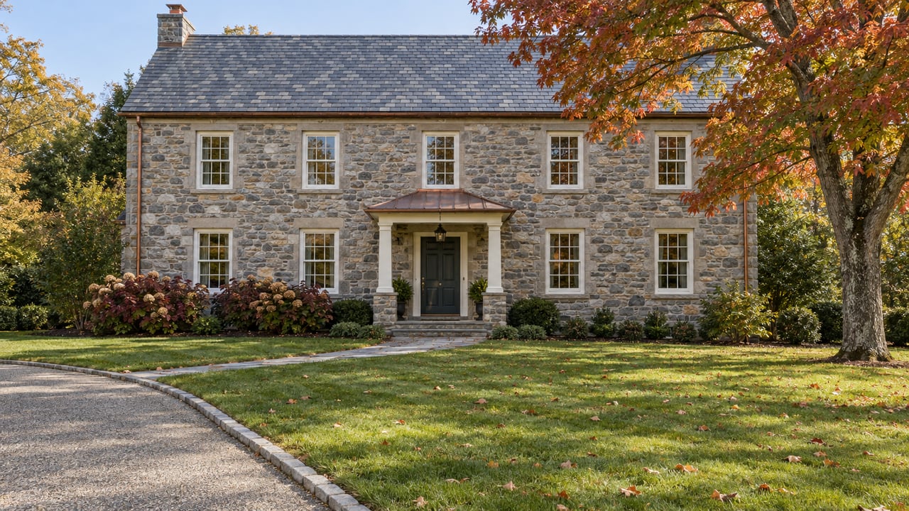 Stone house with white sash windows, a copper-roofed entrance, broad autumn lawn and a red maple beside a curved driveway.