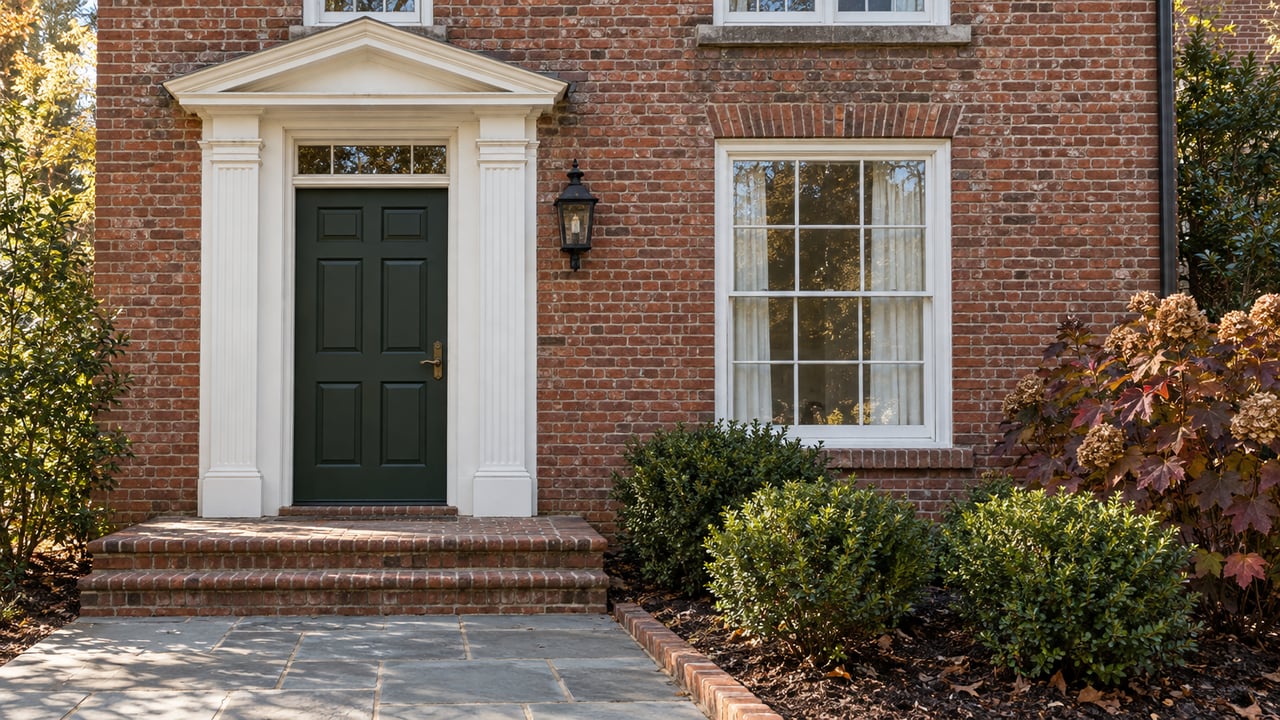 Morning sunlight across a red-brick home's ivory-trimmed green entrance, brick steps, and burgundy oakleaf hydrangea.