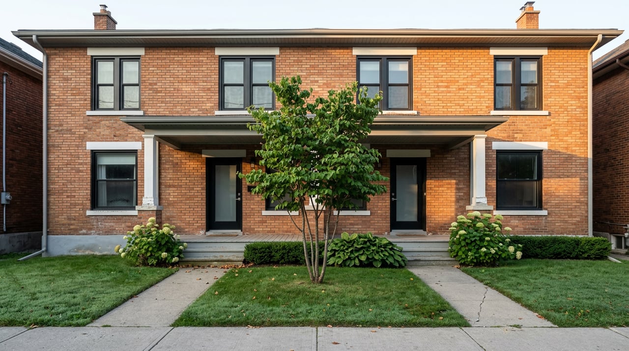 Brick duplex with twin covered porches, two front walks, and a redbud tree between them.