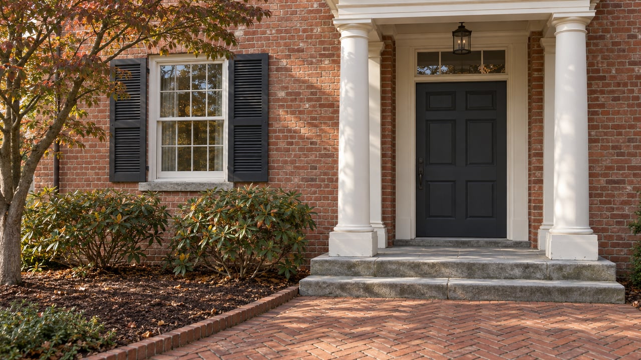 Brick home entrance with ivory columns, charcoal door and shutters, worn limestone steps, and autumn dogwood foliage.