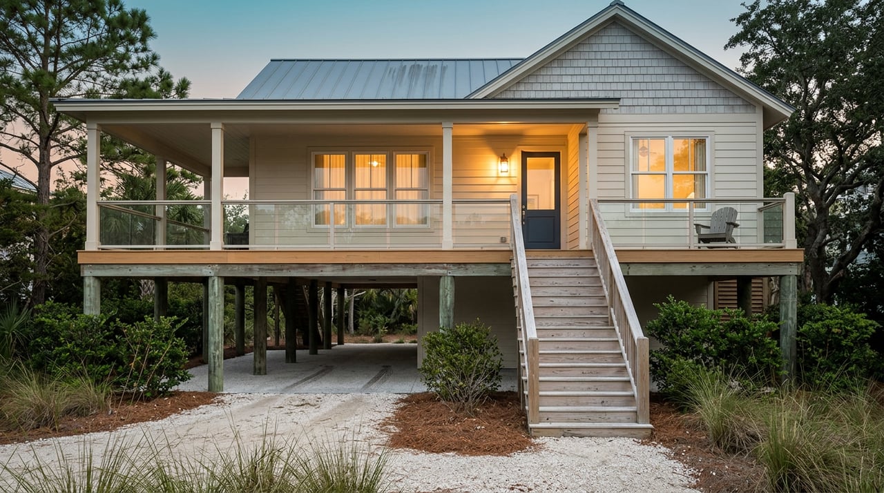 Raised coastal home on weathered pilings, with glowing porch windows beneath a teal-to-peach dusk sky.
