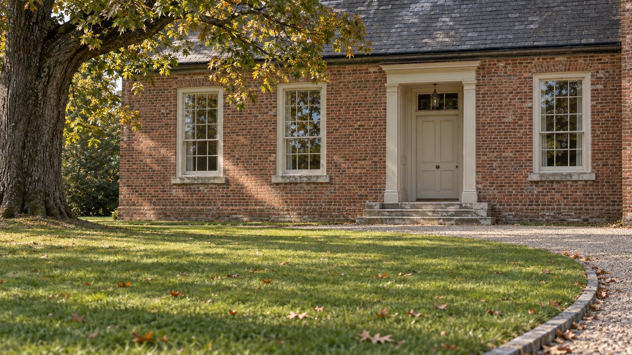 Red-brick estate facade with a recessed entrance, limestone steps, deep lawn, and an oak canopy at left.