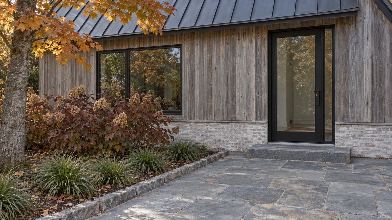 Silvered timber home with black-framed glazing, a bluestone entry path, and amber and burgundy autumn planting.