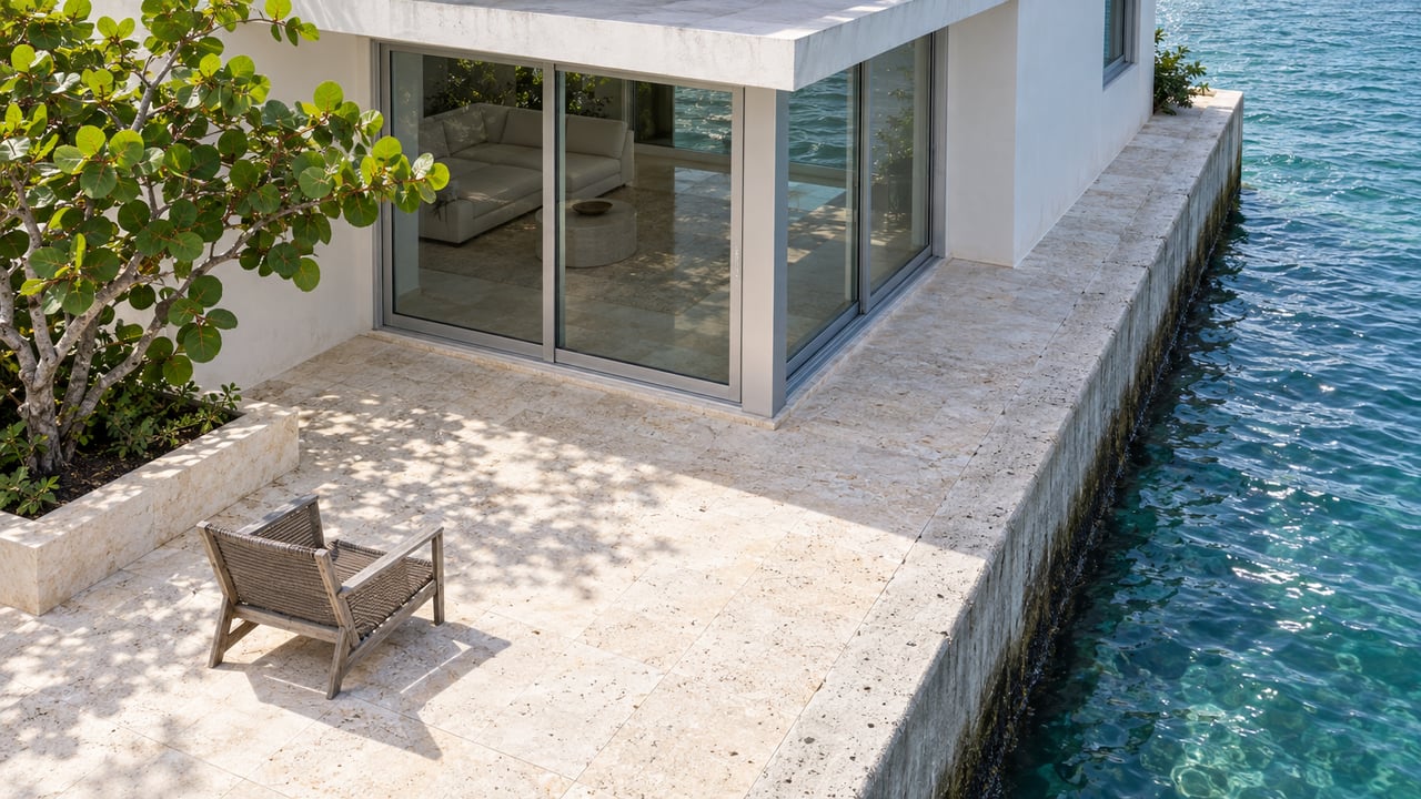 Pale stucco waterfront home with closed glass doors, limestone terrace, a teak lounge chair, and blue-green water beside a concrete seawall.