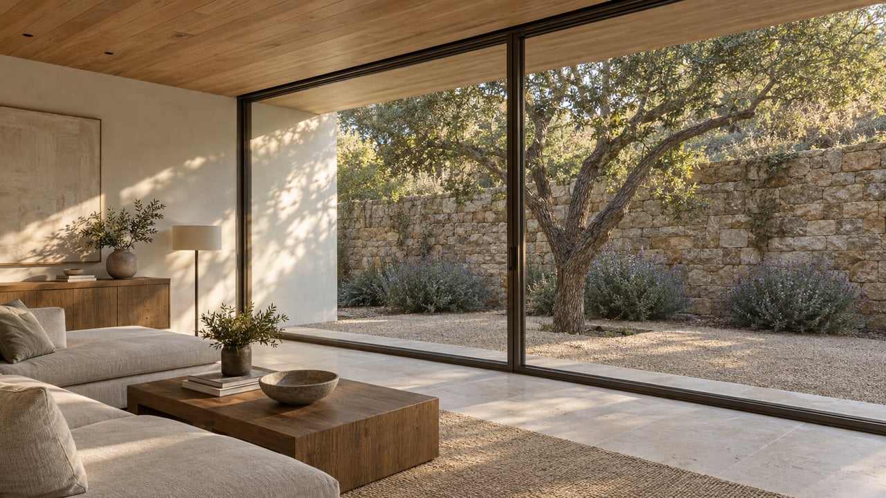 Hillside living room with a linen sofa facing glazed doors and a walled court with an oak tree and sage plants.