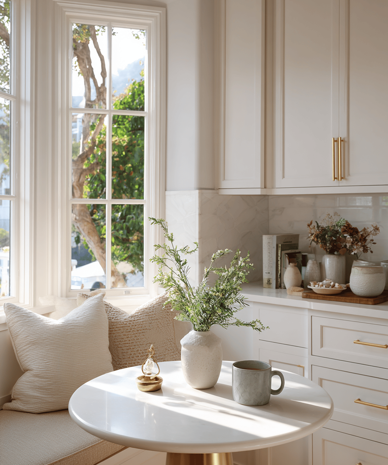 Bright kitchen breakfast nook with a round table, built-in bench, and large window overlooking trees.