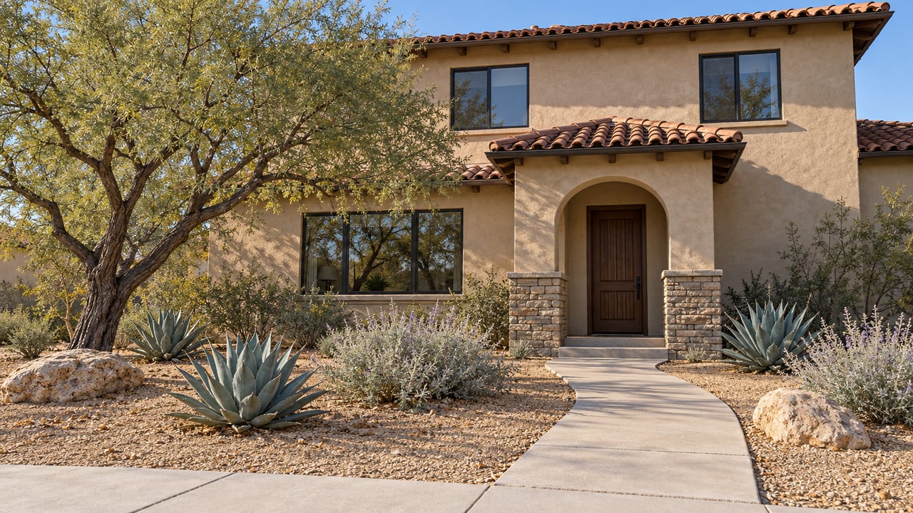 Sand-colored two-story stucco home with barrel-tile roofing, an arched entrance, and a deep granite garden with a sculptural ironwood tree and three agaves.