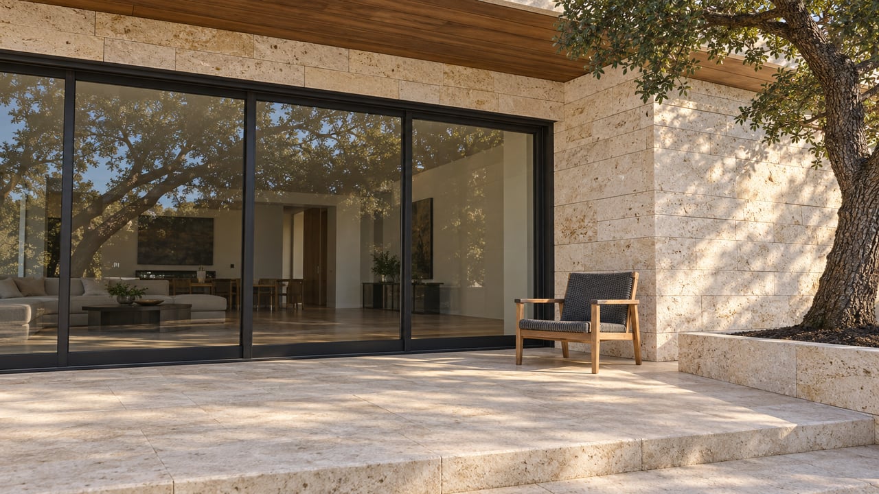 Low-angle view of a limestone terrace beside closed dark-framed glass doors, with a weathered teak chair and a mature live oak in a raised stone bed.