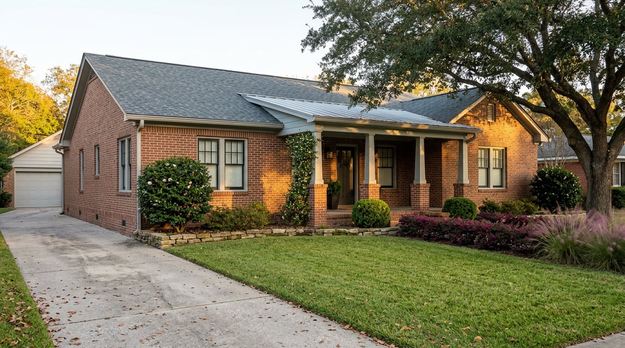 Brick home with covered porch, gray metal entry roof, front lawn, and spreading live oak.