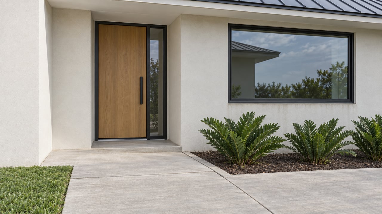 Recessed pale oak entry door beside a black-framed picture window, with three arching cycads in a concrete-edged bed.