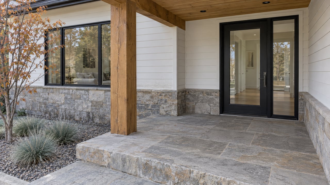 A timber-covered entry with white siding, black-framed glass, sandstone paving and a small autumn planting bed.