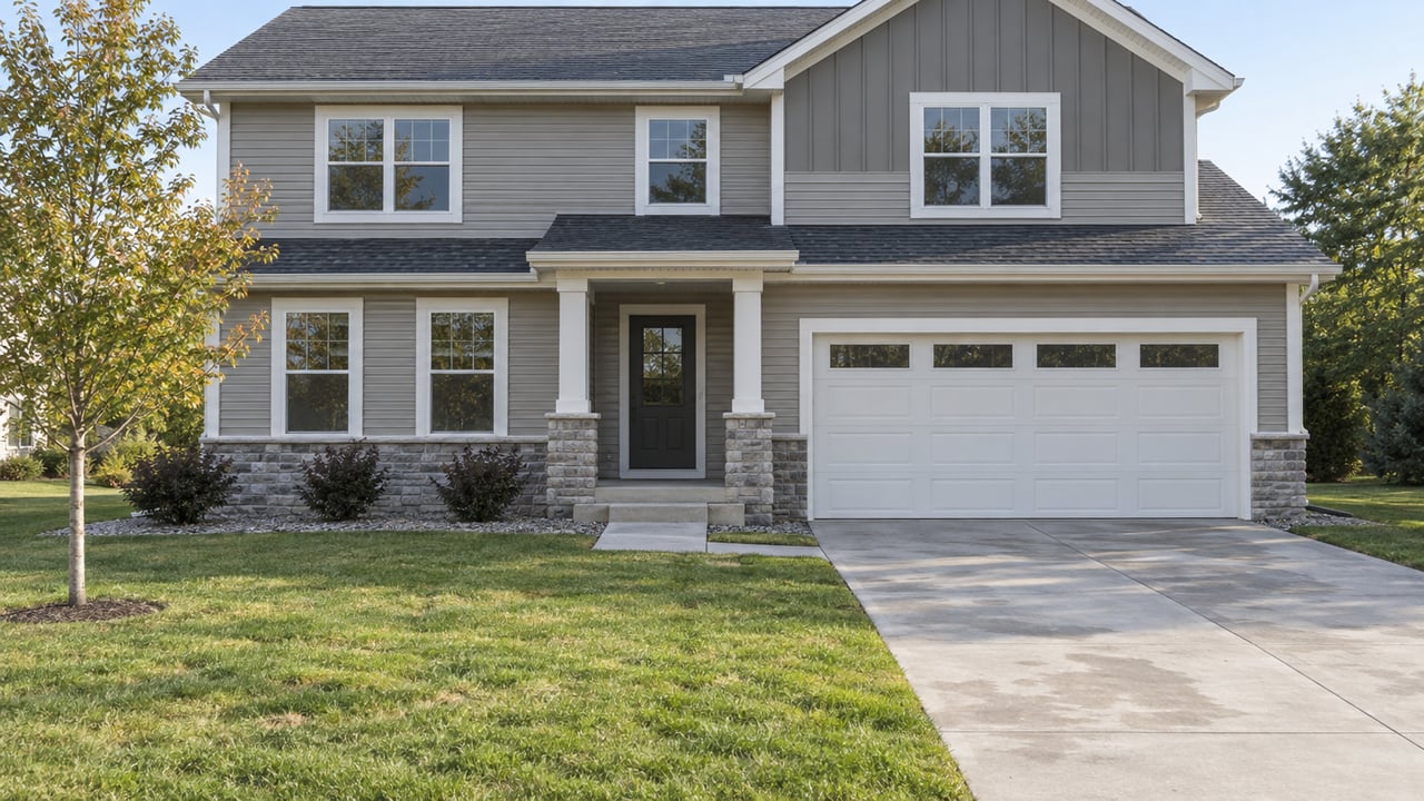 Two-story greige house with a white two-car garage, covered entry, concrete driveway, and broad lawn.