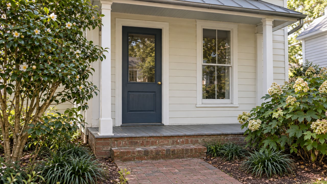 Older house entry with a slate-blue glazed door, brick steps, and camellia and hydrangea flanking the path.