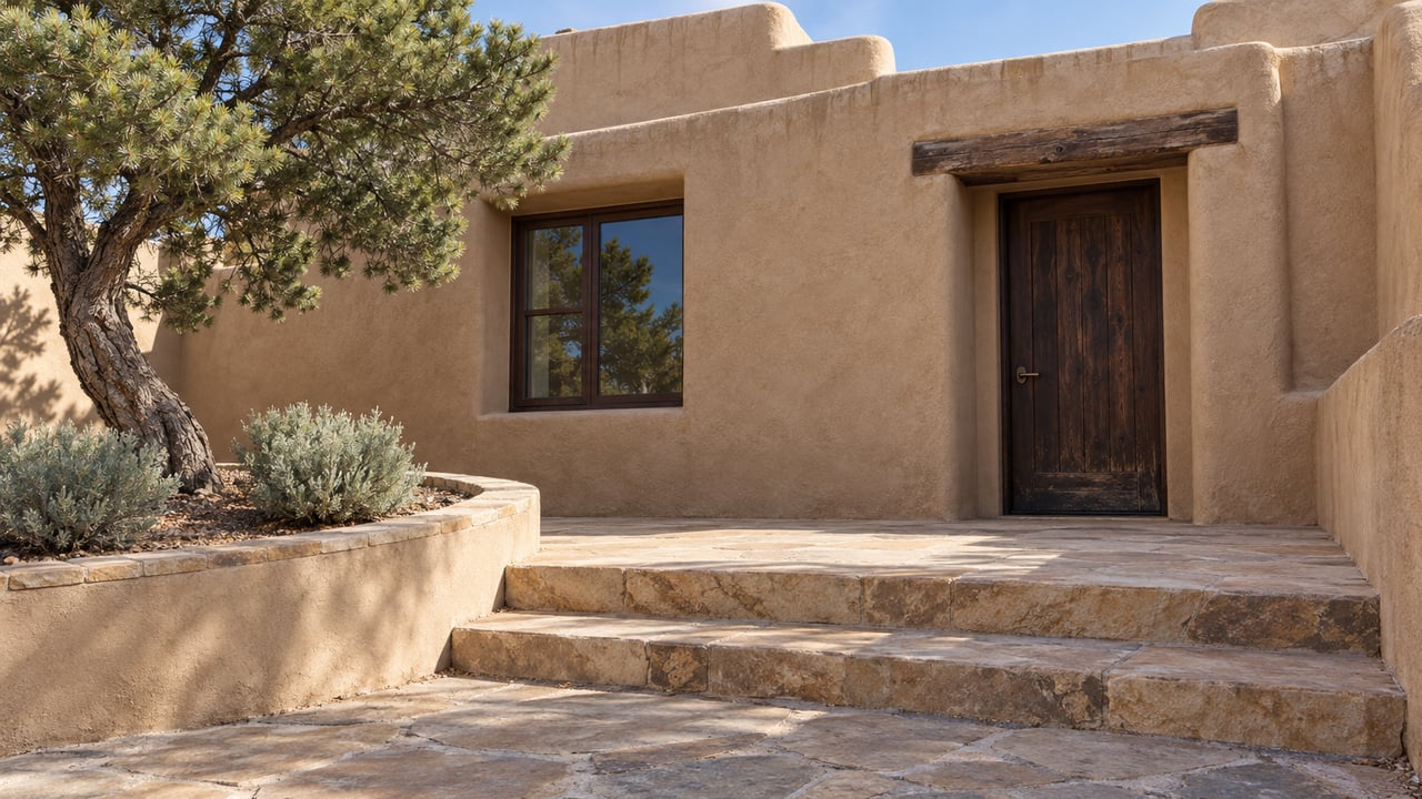 Sunlit earthen stucco home with a recessed timber entrance, sandstone terrace steps, and a mature piñon pine beside a raised planting bed.