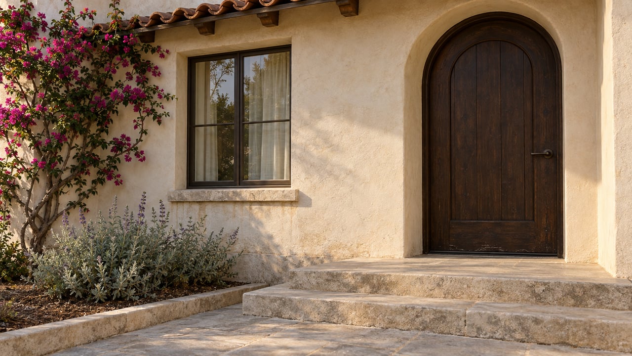 Ivory stucco home with a recessed arched dark oak door, limestone entry steps and magenta bougainvillea in soft morning light.