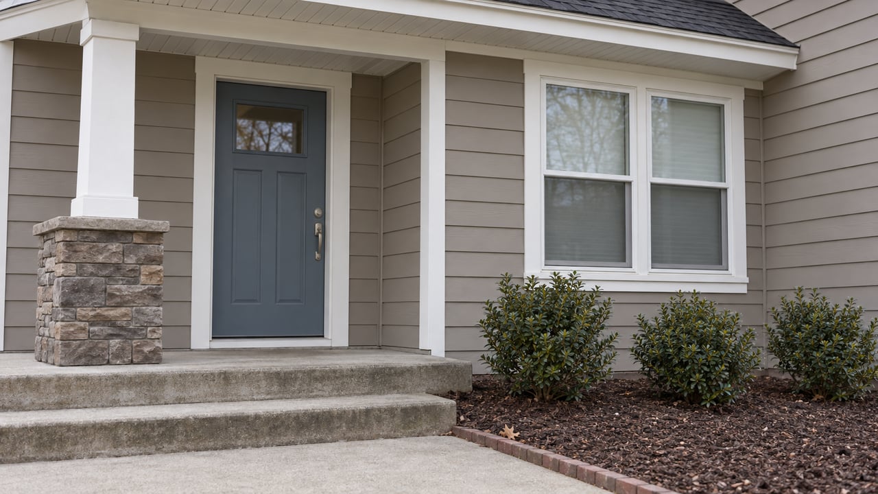 Covered entry with taupe lap siding, a blue-gray front door, stone-based porch post and weathered concrete steps beside inkberry shrubs.