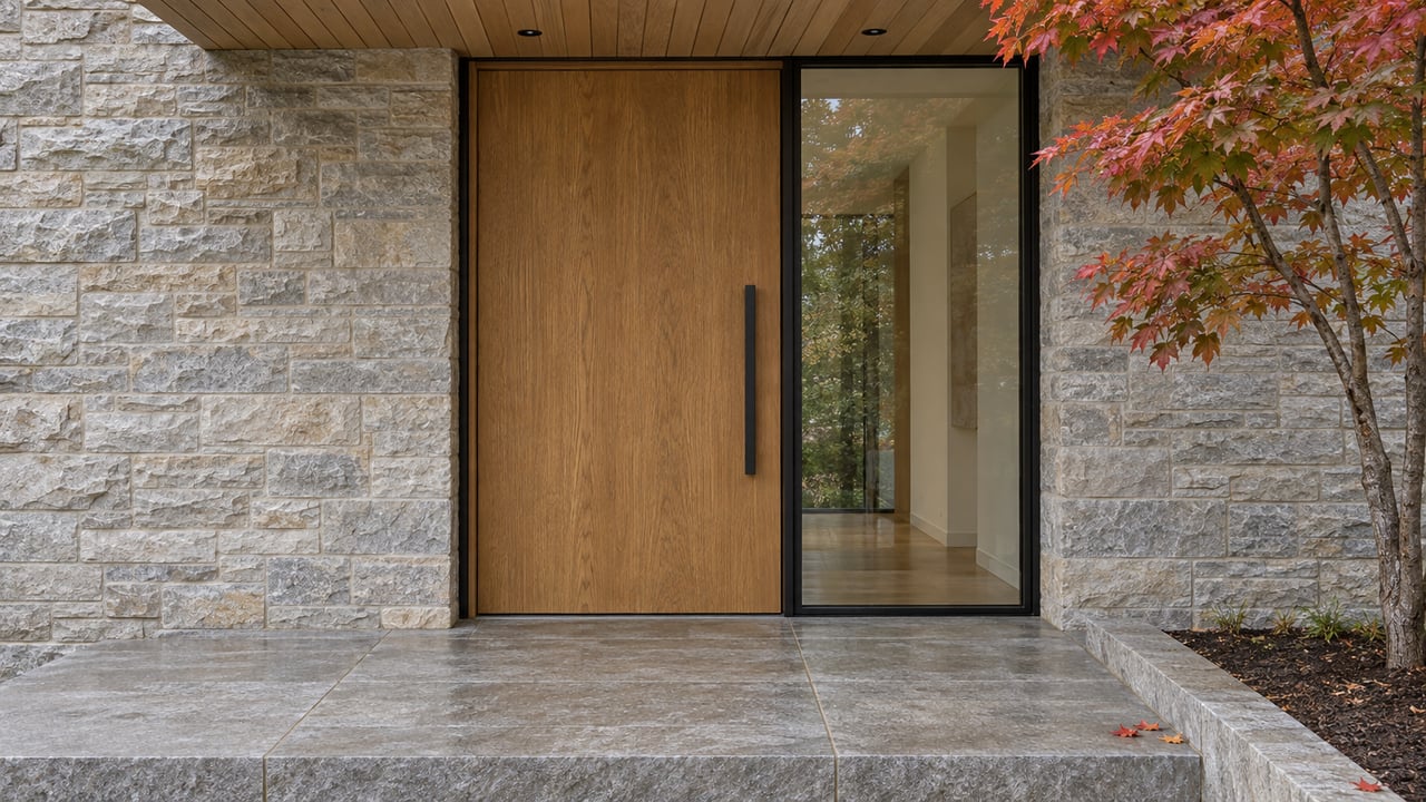 Close view of a limestone entry with an oak door, black-framed sidelight and autumn maple beside the stone landing.