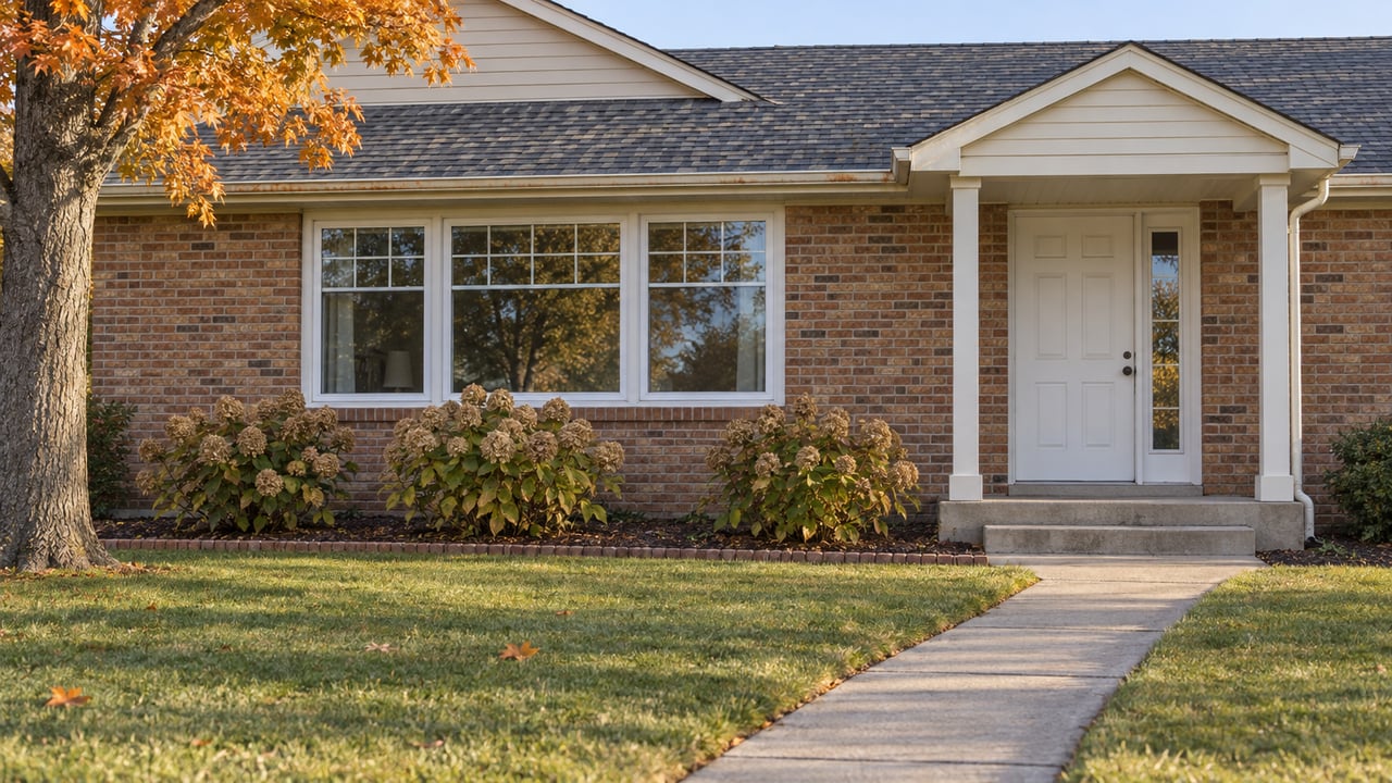 Brick and cream-sided single-story house behind a lawn and diagonal concrete walk, with orange maple foliage and dried hydrangea flowers.