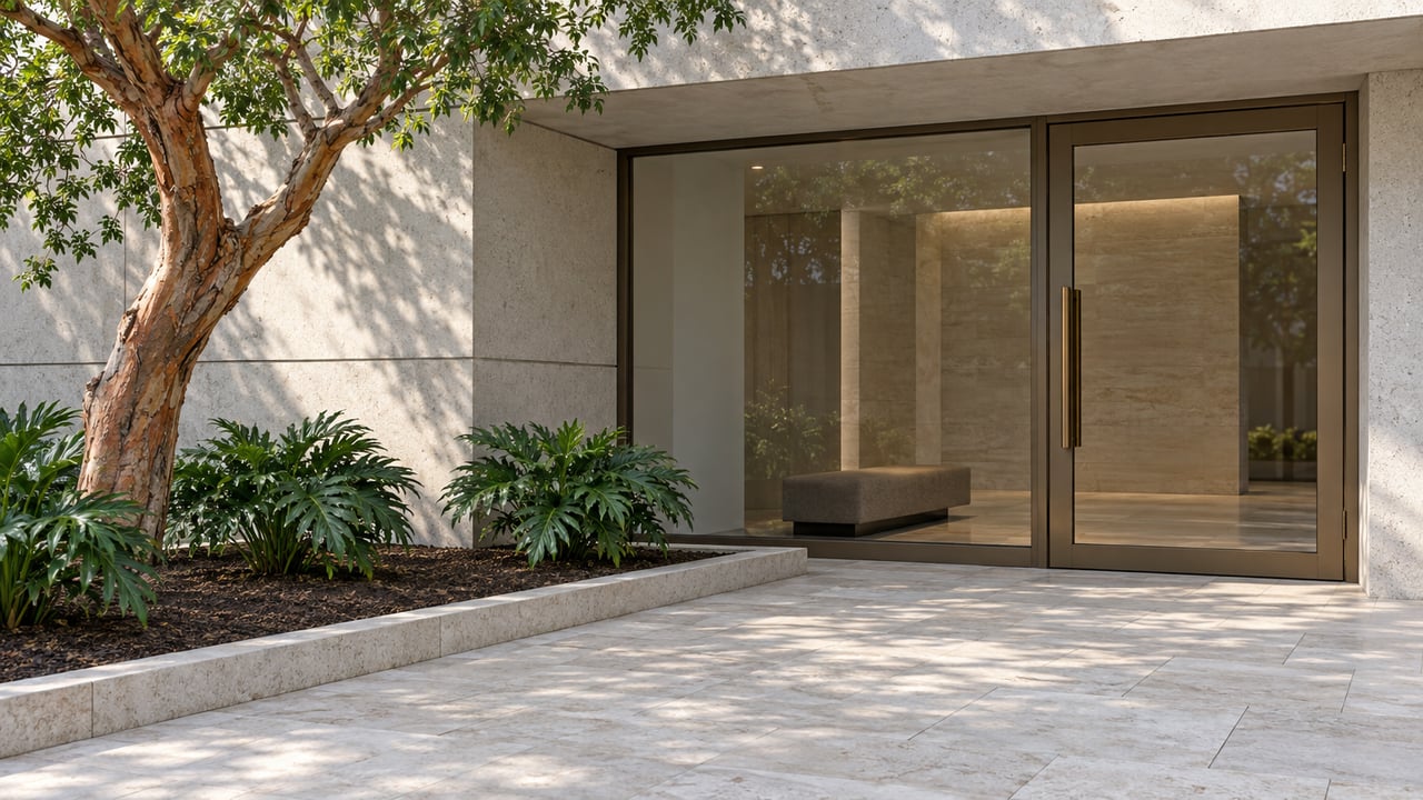 Bronze-framed glass entrance beside a copper-barked tree and lobed philodendrons.
