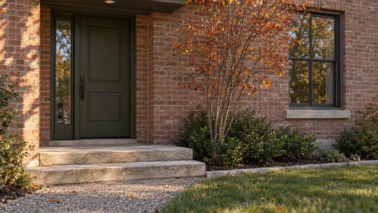 Brick house entry with an olive door, limestone steps, and an autumn serviceberry tree.