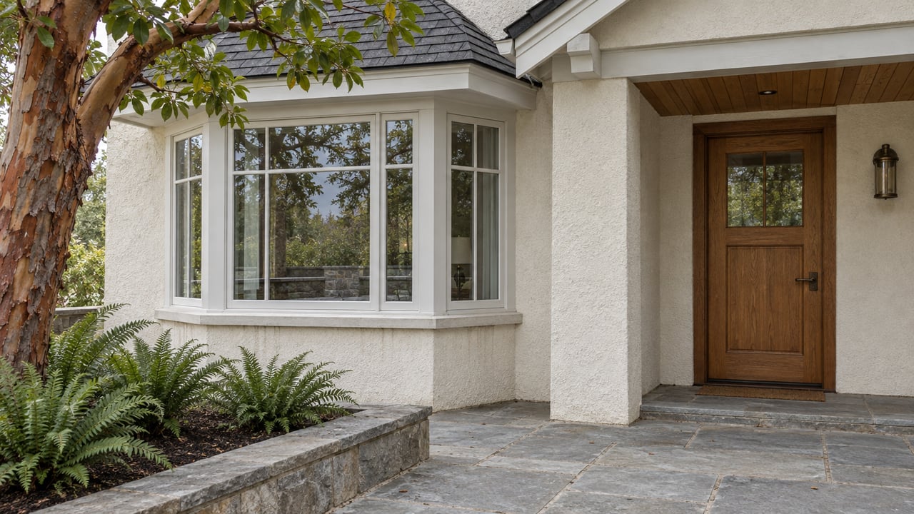 Cream stucco home with a multi-pane bay window, recessed oak entry, sandstone terrace and a cinnamon-barked madrone.