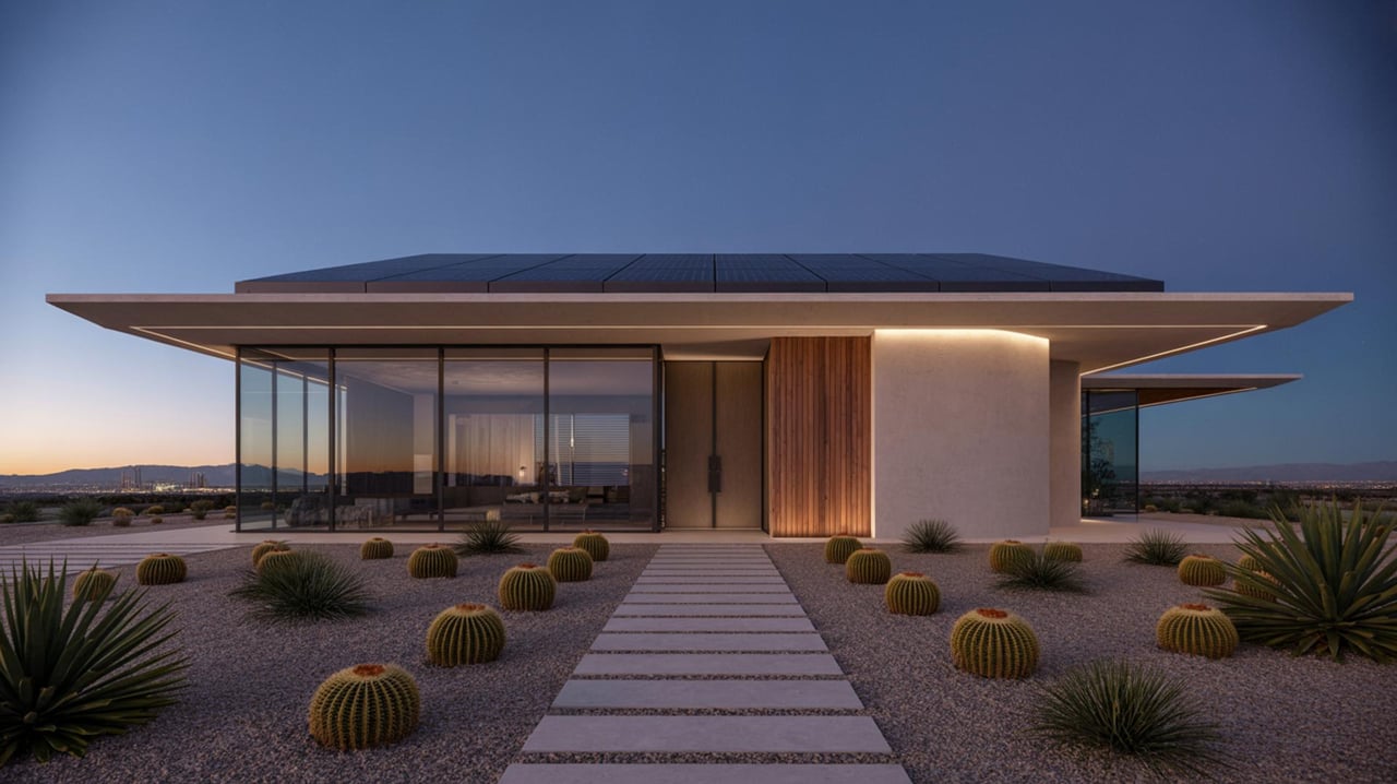 Modern flat-roofed house with glass walls, a wood entry, and desert landscaping at dusk.