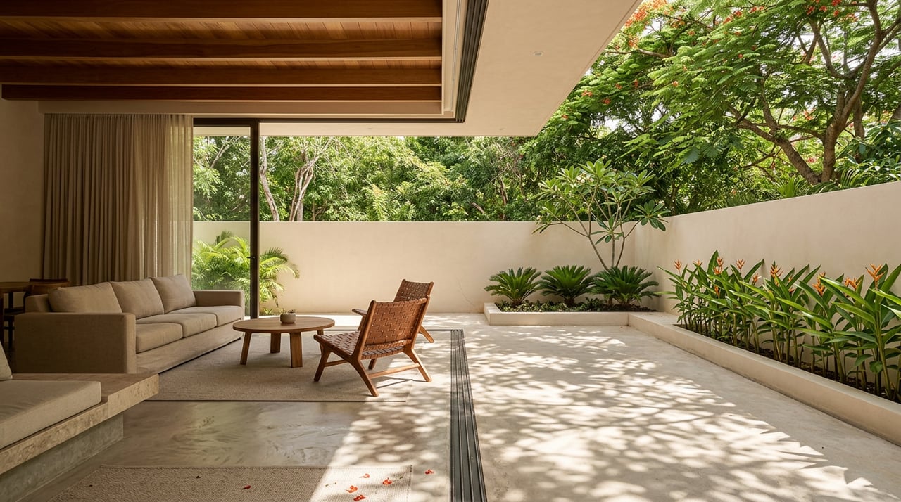 Living room with teak beams, linen sofa, teak table, and leafy terrace casting dappled light.