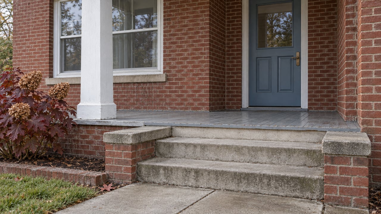 Red brick home's covered porch with a blue door, white timber trim, concrete steps, and burgundy oakleaf hydrangea.
