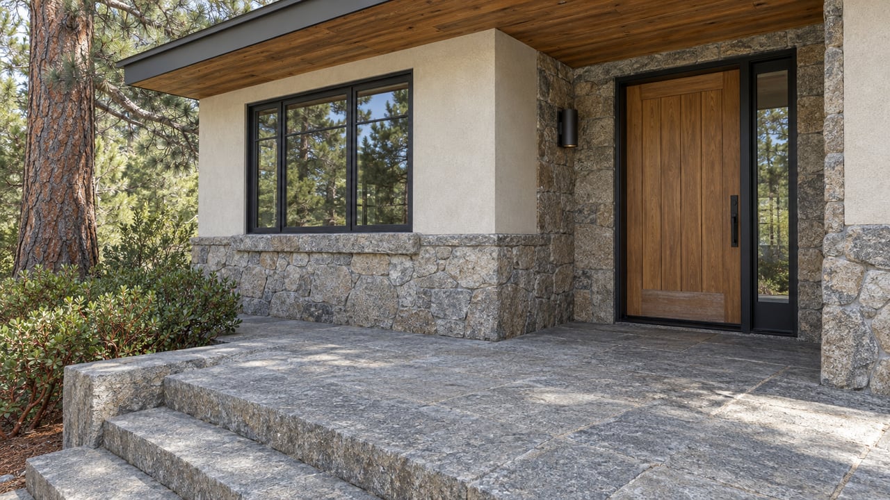 A woodland home's cedar entrance and black-framed window above weathered granite terrace steps, beside a mature pine and red-branched shrubs.