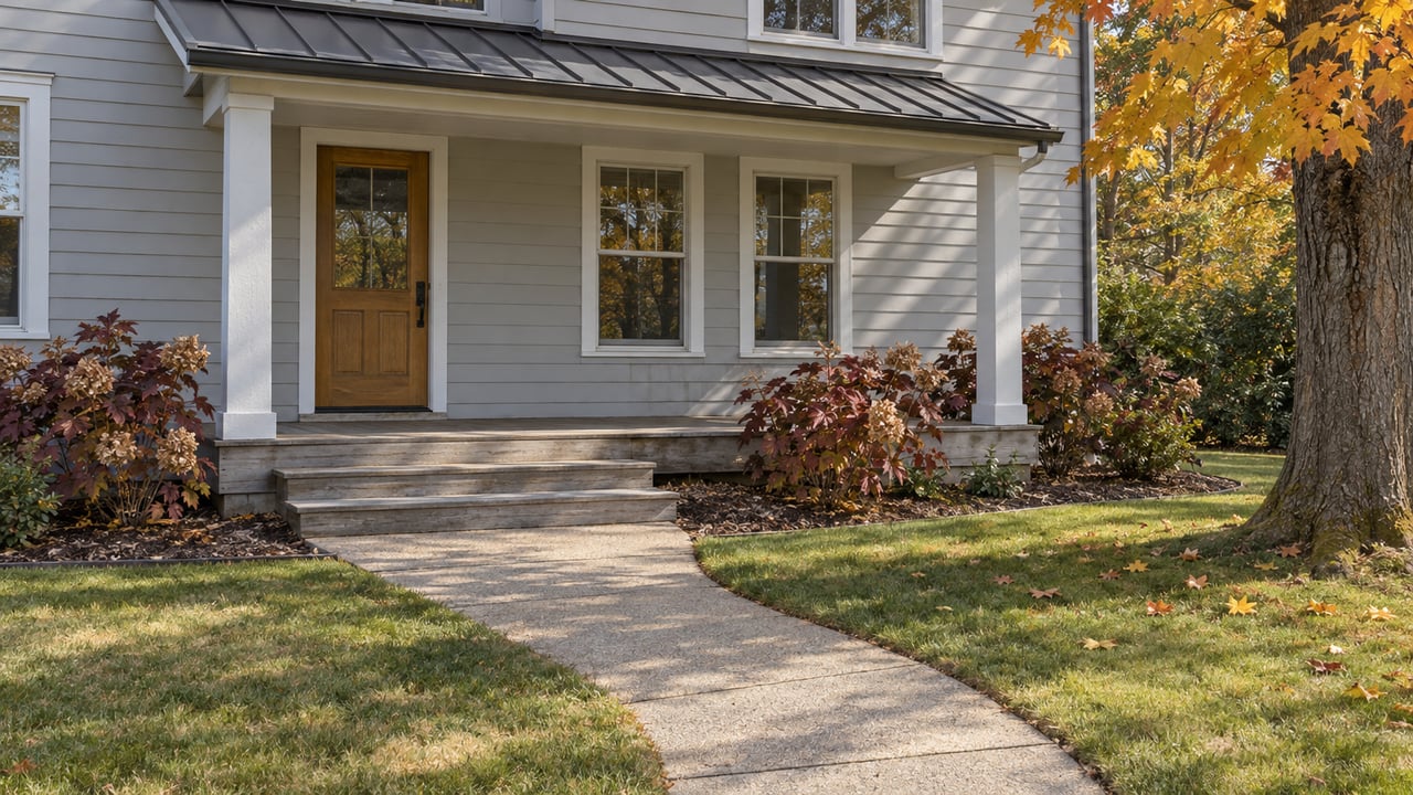 Light-gray two-story home with a low timber porch, curved concrete approach and gold-leaved maple in an autumn lawn.