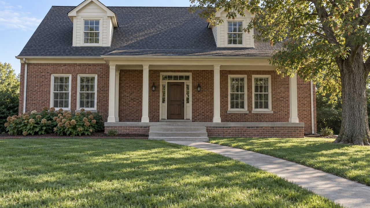Red brick house with white-trimmed dormers, a covered porch, and a walkway across the front lawn.