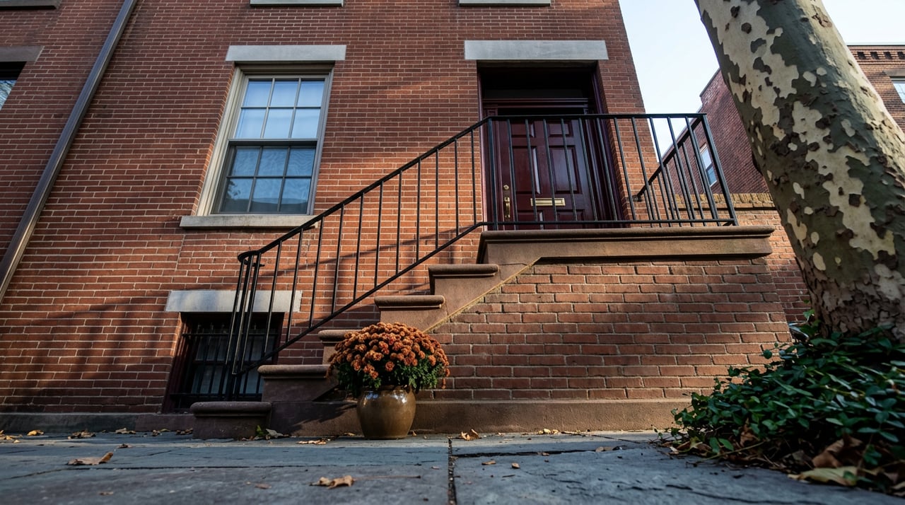 Rowhouse stoop with black iron railing, oxblood door, potted bronze chrysanthemums, and a plane tree at the edge.
