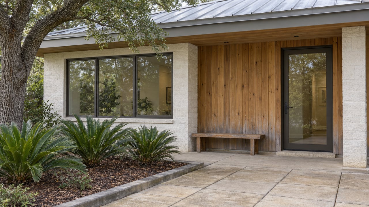Covered entry of a timber-clad home with bronze-framed glazing, a paved walk, live oak and coontie planting.