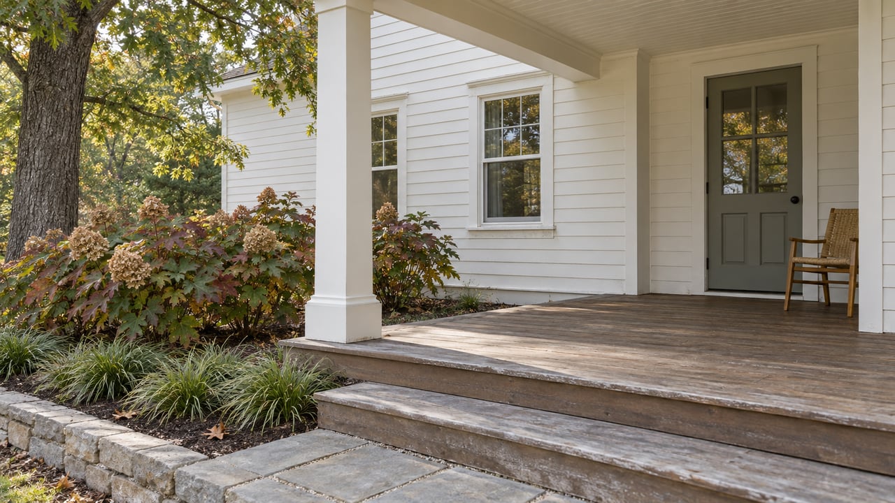 White clapboard home with a shaded timber porch, stone landing, oakleaf hydrangeas and an oak tree.