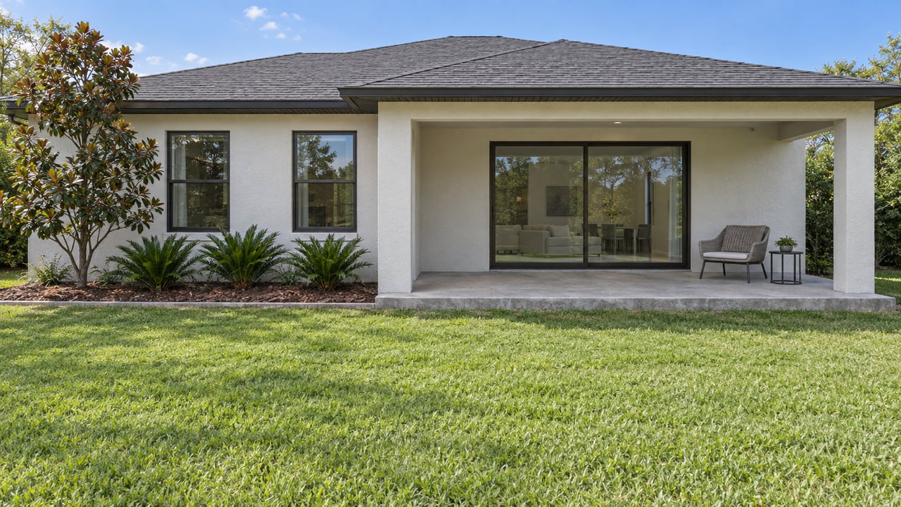 Light stucco single-story home with a shaded concrete patio, bronze-framed sliding doors and a deep green lawn.