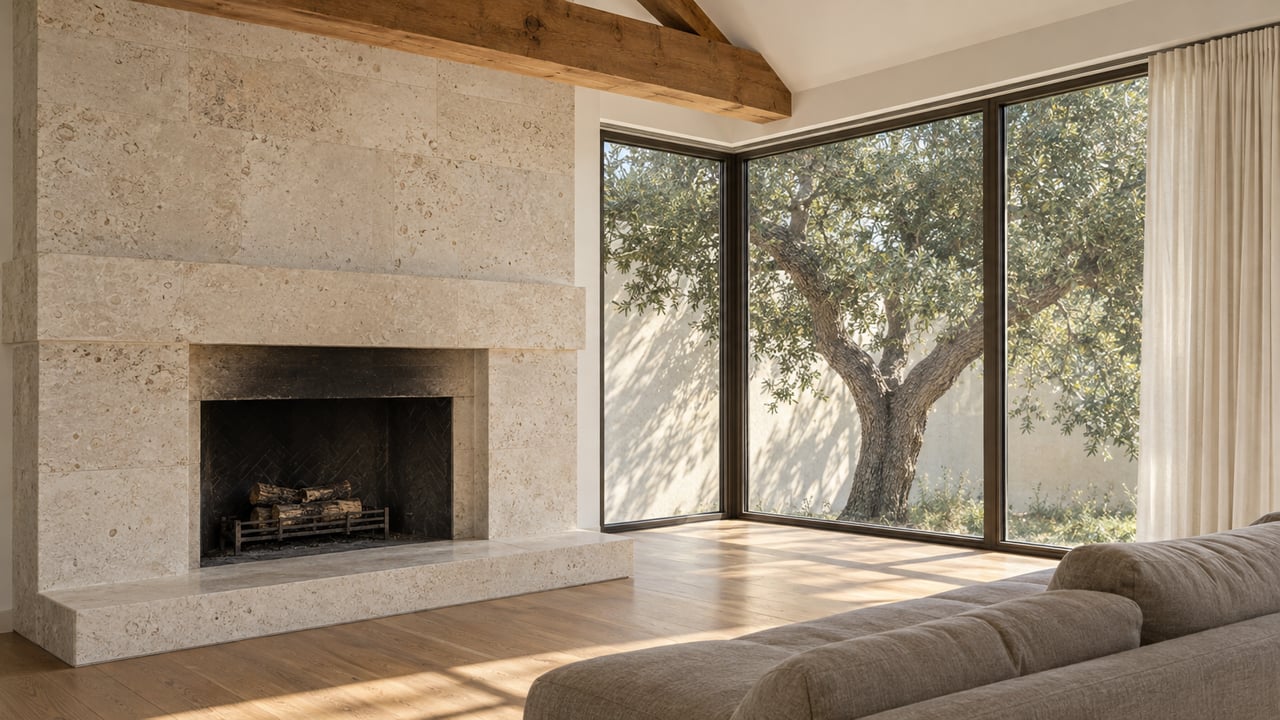 Limestone fireplace beside corner glazing, with an exposed timber truss and oak tree beyond.