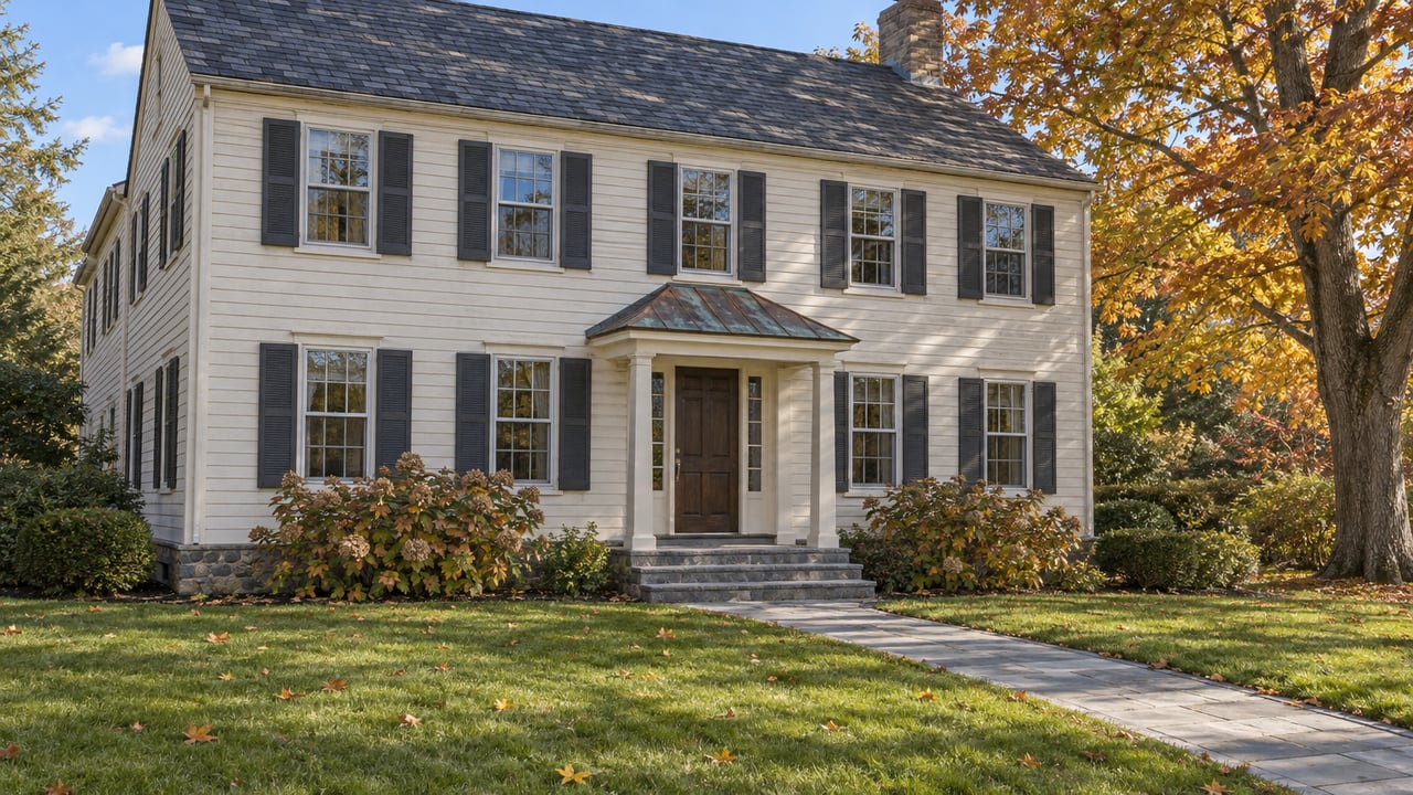 Ivory clapboard home with dark shutters, a stone entry walk, and an amber sugar maple above a deep front lawn.
