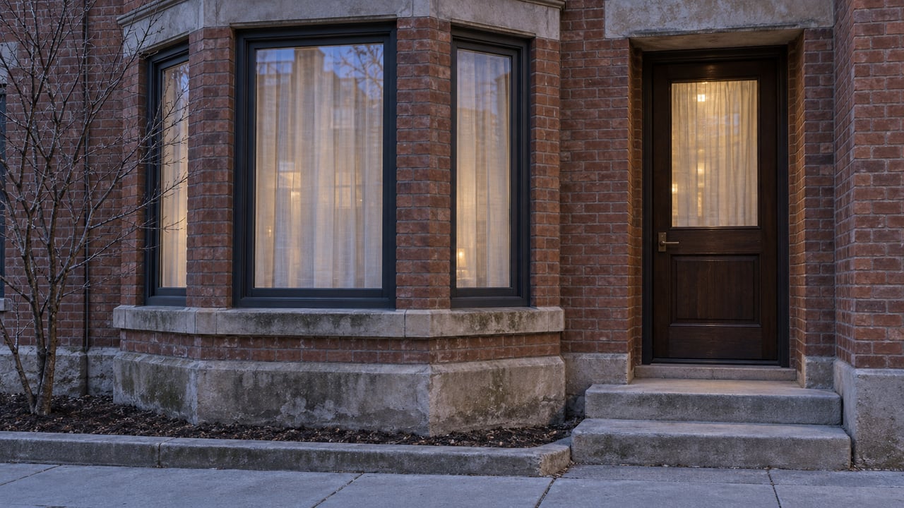 Winter twilight on a russet brick home with a faceted window bay, limestone trim and a recessed oak entrance.
