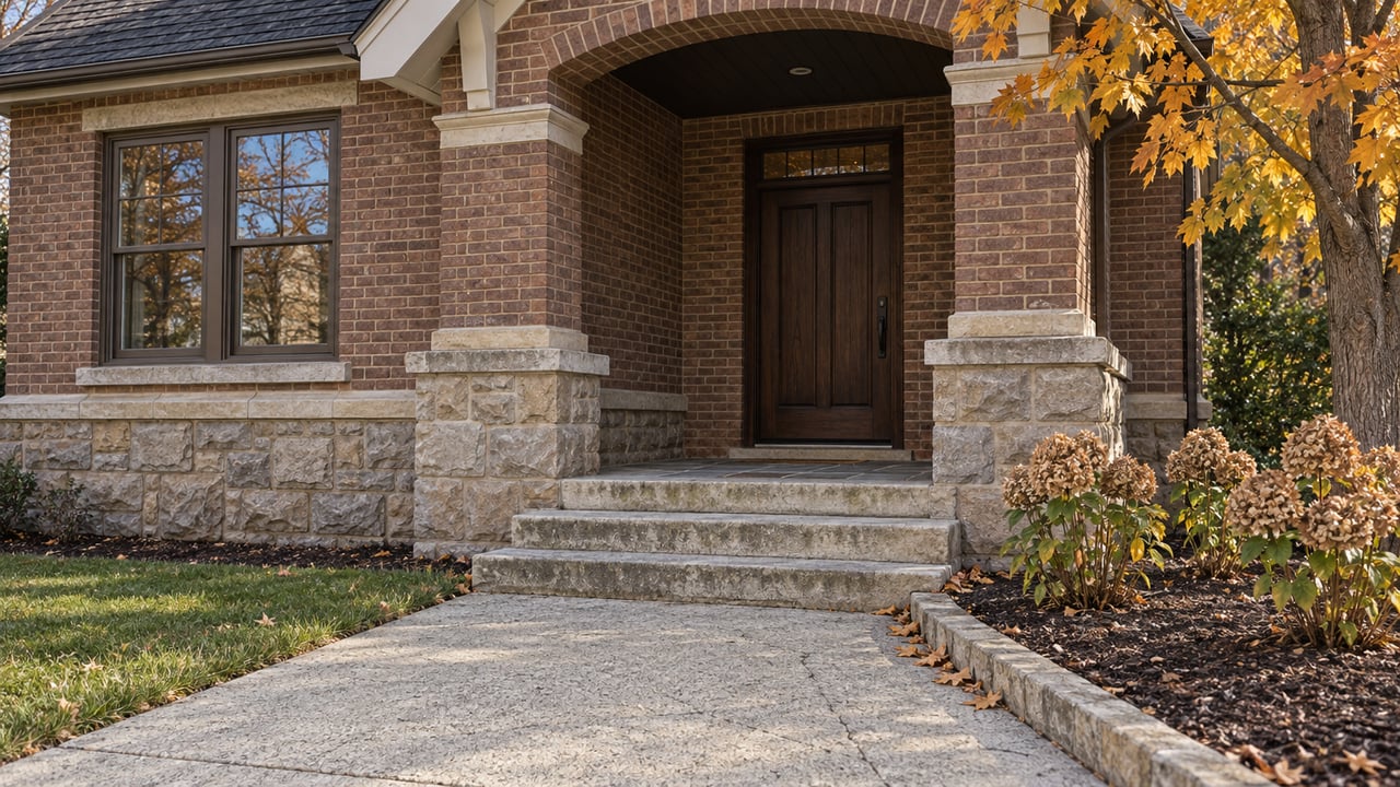 Autumn sunlight grazes a brick home's limestone porch steps and recessed wooden entry beside amber maple leaves and dried hydrangeas.
