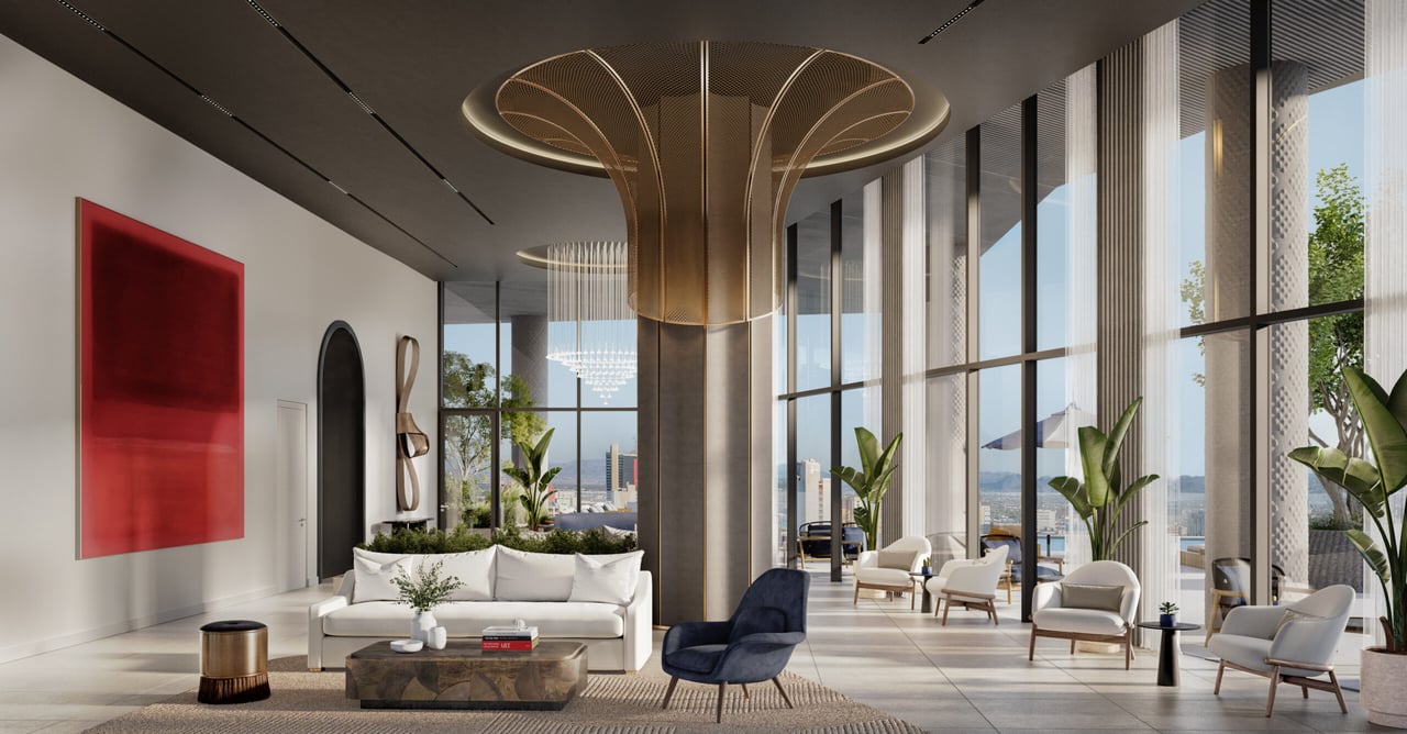 Cello Tower lounge with floor-to-ceiling windows, sculptural bronze ceiling fixture, and Las Vegas skyline views.