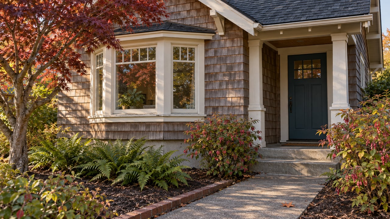 Weathered cedar-shingle house with cream bay windows, a recessed teal door and an autumn garden beside a concrete walk.