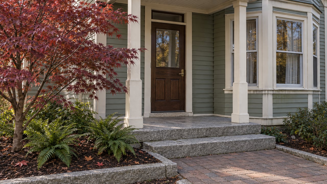 Sage clapboard home with an oak entry door, bay window, worn granite steps and burgundy maple foliage.