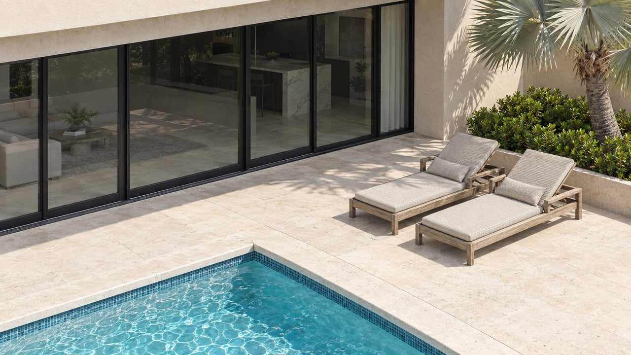 Elevated view of a contemporary home's limestone pool terrace with teak loungers, black-framed glass doors and a silver palm.