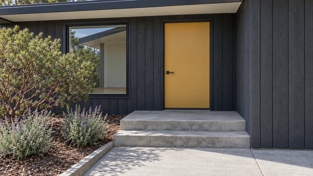 Mustard front door and black-framed window beneath a shallow roof, with dark wood siding, worn concrete steps and native flowering shrubs.